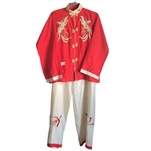 Vtg 1949 Japanese Embroidered Crane Pajama Set Red White Lounge 2 pc. Silk Rayon